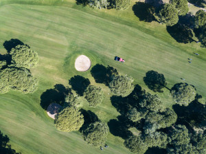 A tractor with loan mower working on a golf course